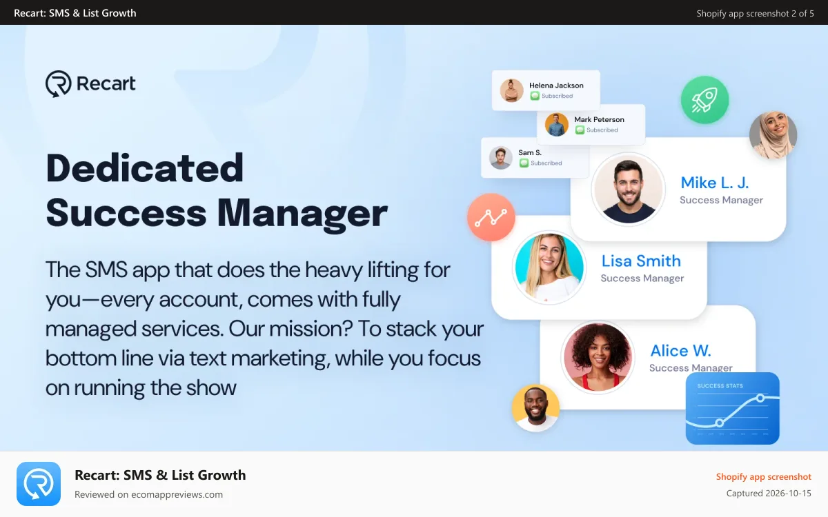 Recart: SMS & List Growth Shopify app screenshot: Dedicated SMS Marketing Success Manager for All Plans