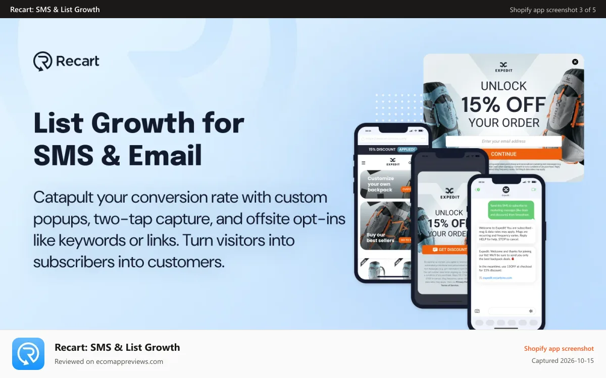 Recart: SMS & List Growth Shopify app screenshot: List & Subscriber Growth for SMS & Email Popups