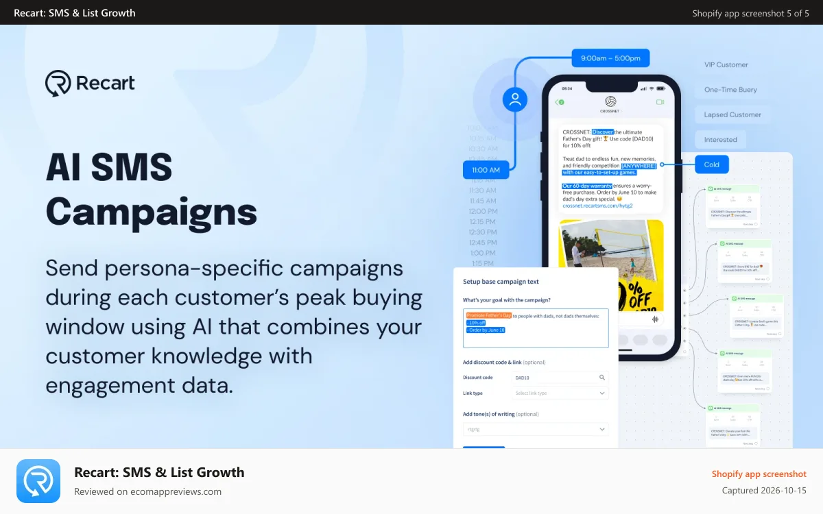 Recart: SMS & List Growth Shopify app screenshot: Text Campaigns Personalized With AI