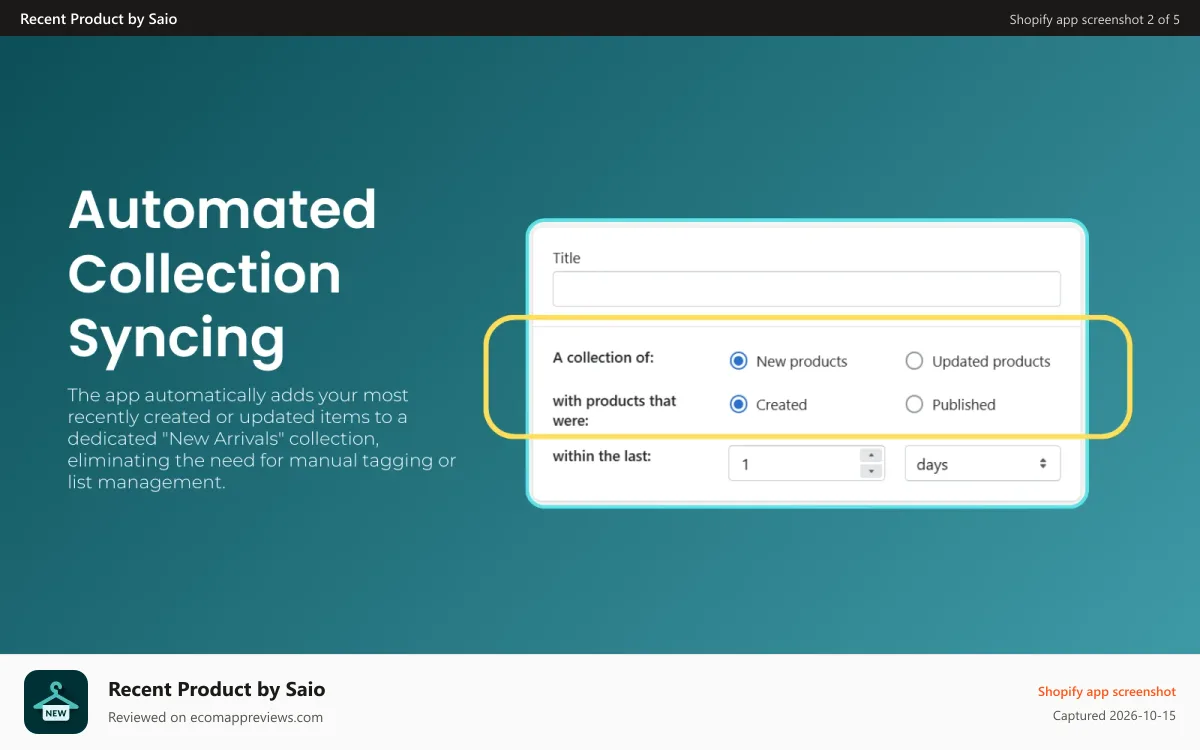 Recent Product by Saio Shopify app screenshot: Automated Collection Syncing