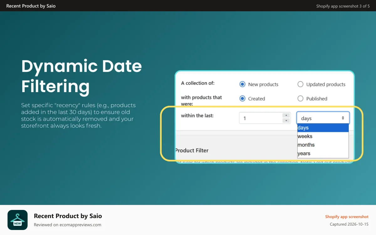 Recent Product by Saio Shopify app screenshot: Dynamic Date Filtering