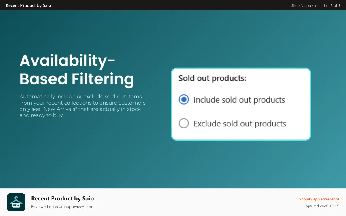 Recent Product by Saio Shopify app screenshot: Category-Specific "New" Lists