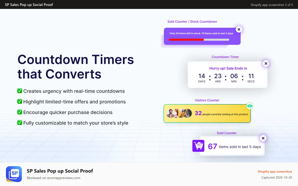 SP Sales Pop up Social Proof Shopify app screenshot: Stock countdown, countdown timer, sold counter, visitors counter