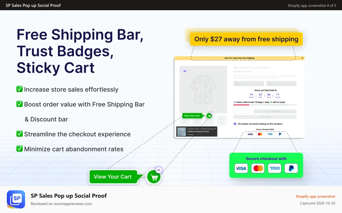 SP Sales Pop up Social Proof Shopify app screenshot: Free shipping bar, trust badges, sticky cart, discount bar