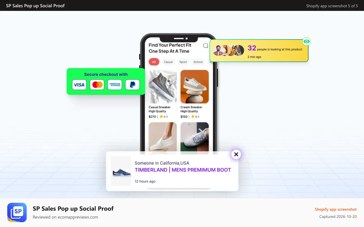 SP Sales Pop up Social Proof Shopify app screenshot: Display Sales Pop Notifications on mobile devices