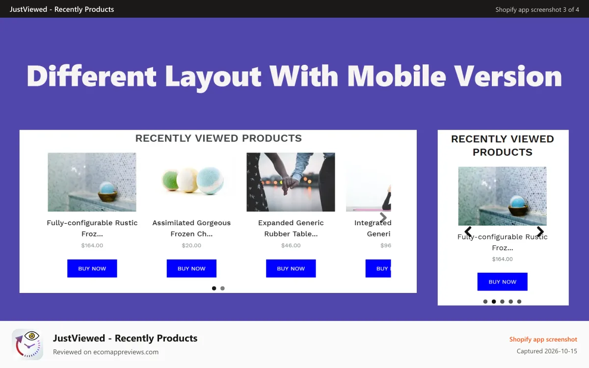 JustViewed ‑ Recently Products Shopify app screenshot: Different layout with mobile version