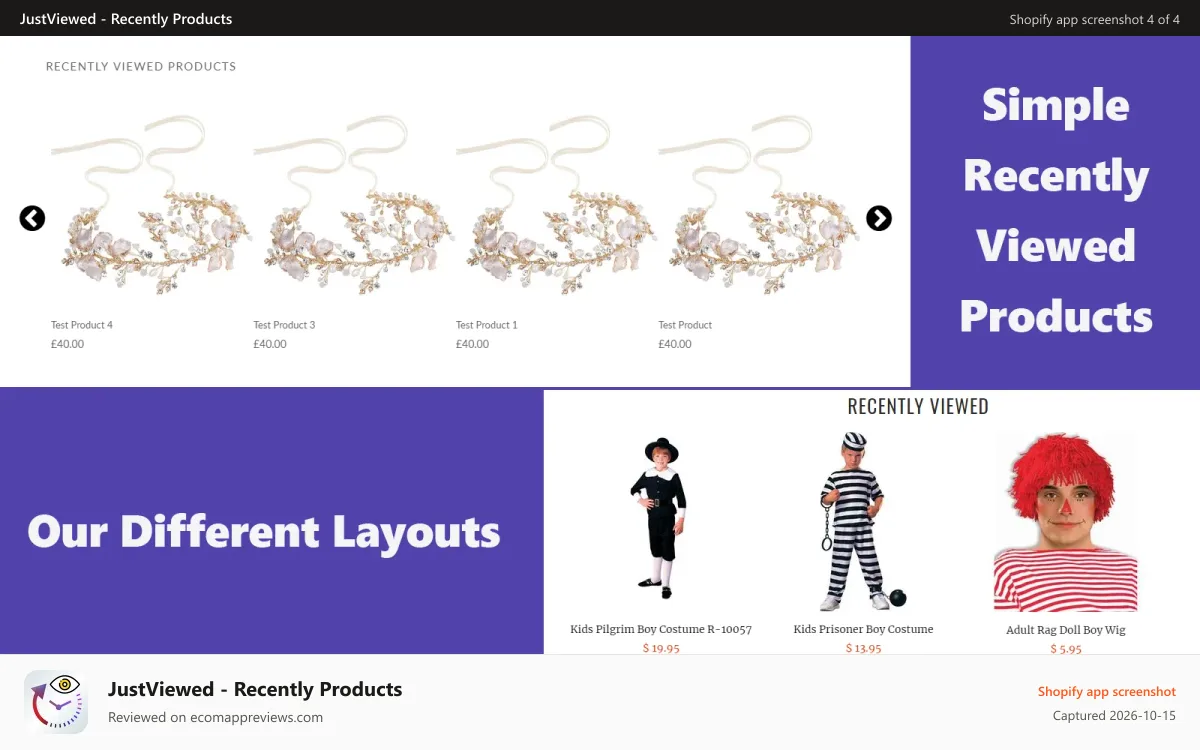 JustViewed ‑ Recently Products Shopify app screenshot: Different layout design