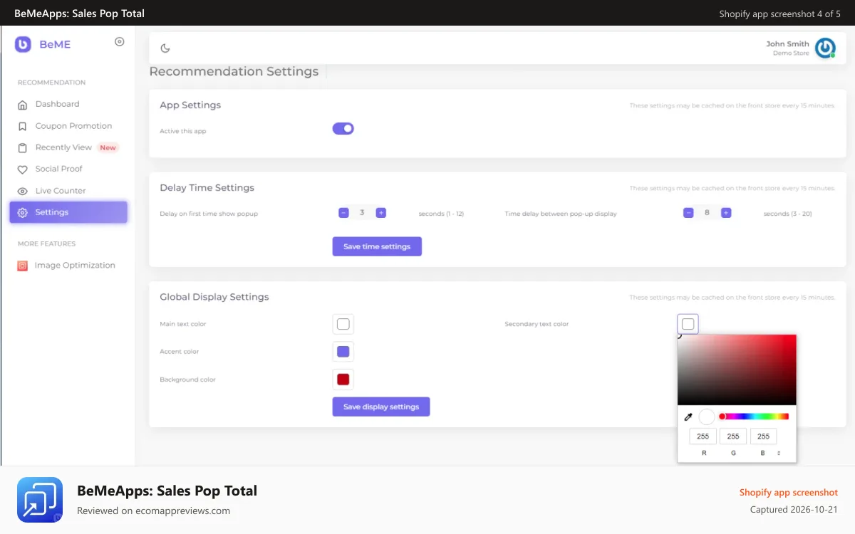 BeMeApps: Sales Pop Total Shopify app screenshot: Sales Pop Total - Settings Color, Content