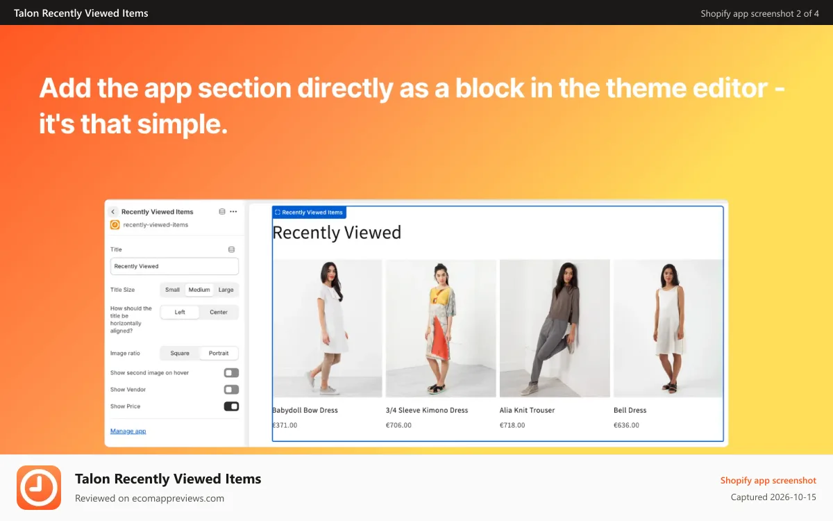 Talon Recently Viewed Items Shopify app screenshot: Display products the customer was looking at previously