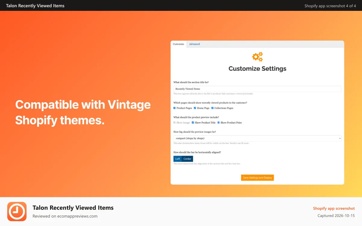 Talon Recently Viewed Items Shopify app screenshot: Look great with many themes