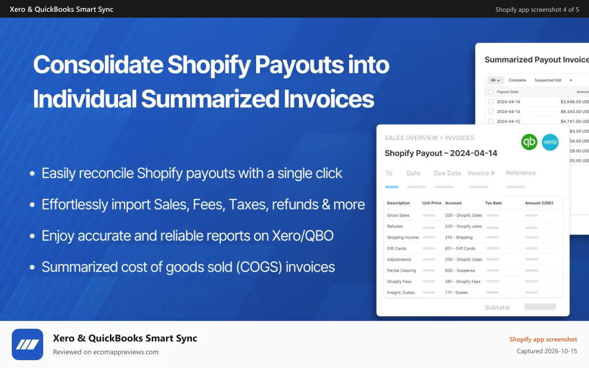 Xero & QuickBooks Smart Sync Shopify app screenshot: Consolidate shopify payouts into individual summarized invoices