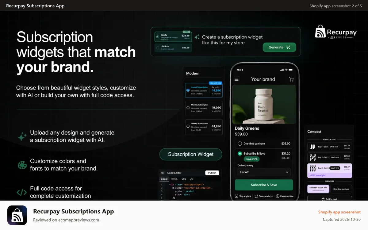 Recurpay Subscriptions App Shopify app screenshot: Shopify subscription widgets with AI and code access
