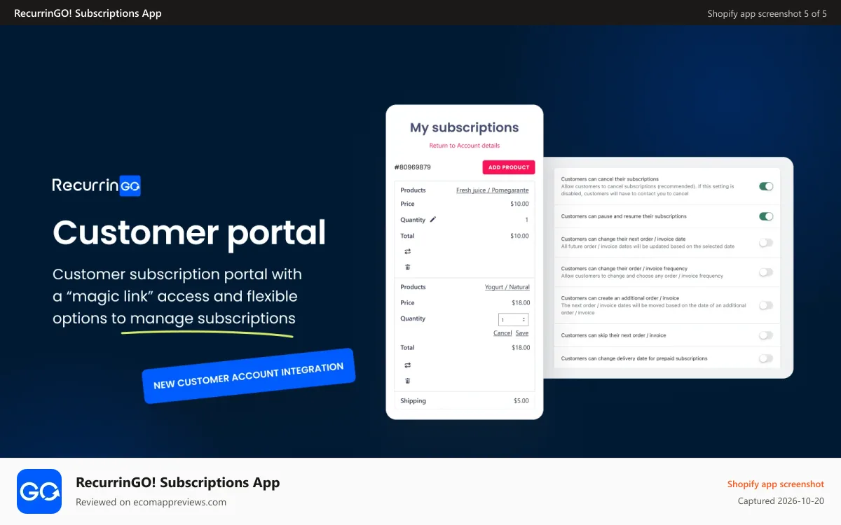 RecurrinGO! Subscriptions App Shopify app screenshot: shopify payments