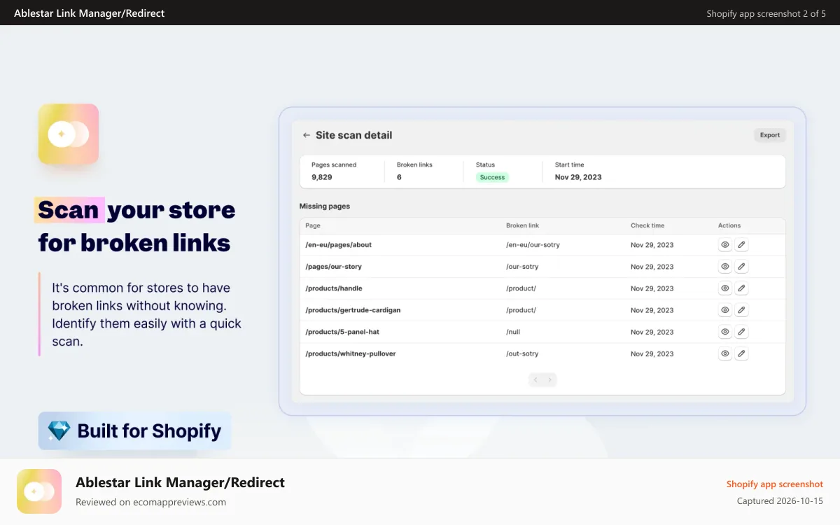 Ablestar Link Manager/Redirect Shopify app screenshot: Scan your Shopify store for broken links