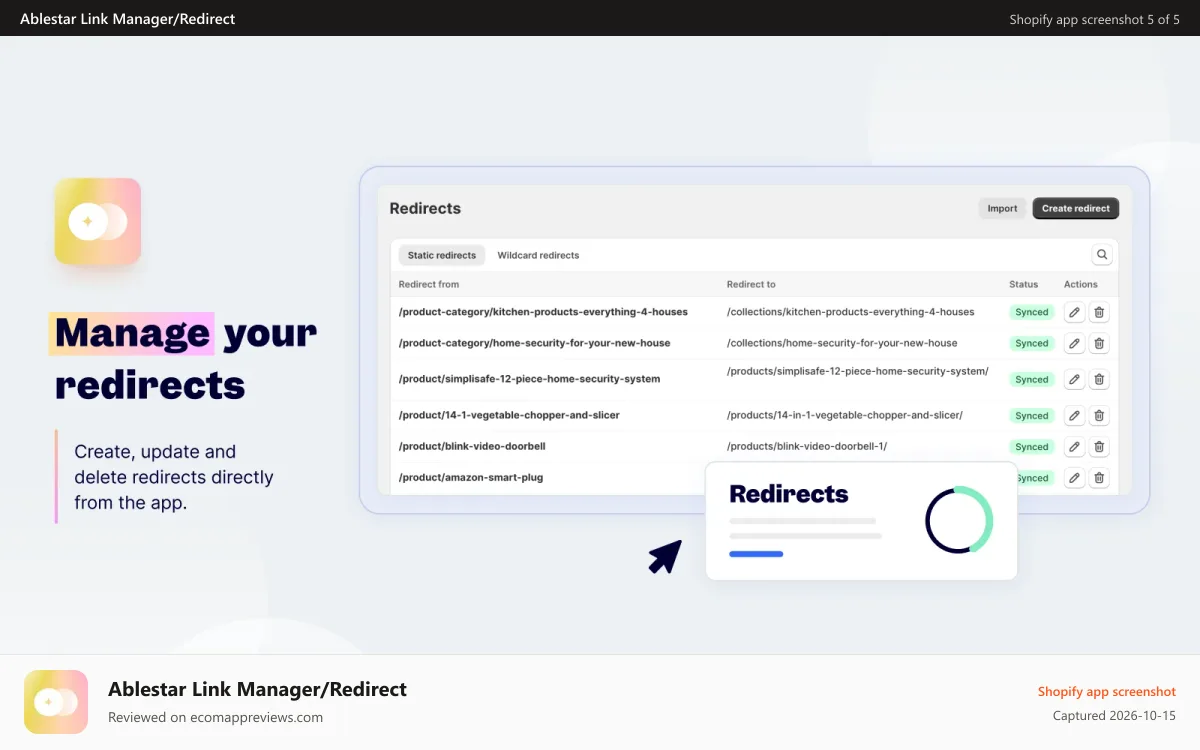 Ablestar Link Manager/Redirect Shopify app screenshot: Manage your Shopify web redirects