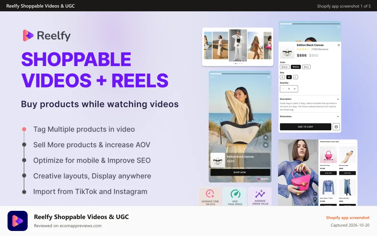 Reelfy Shoppable Videos & UGC Shopify app screenshot: Reelfy ‑ Shoppable Videos+Reels