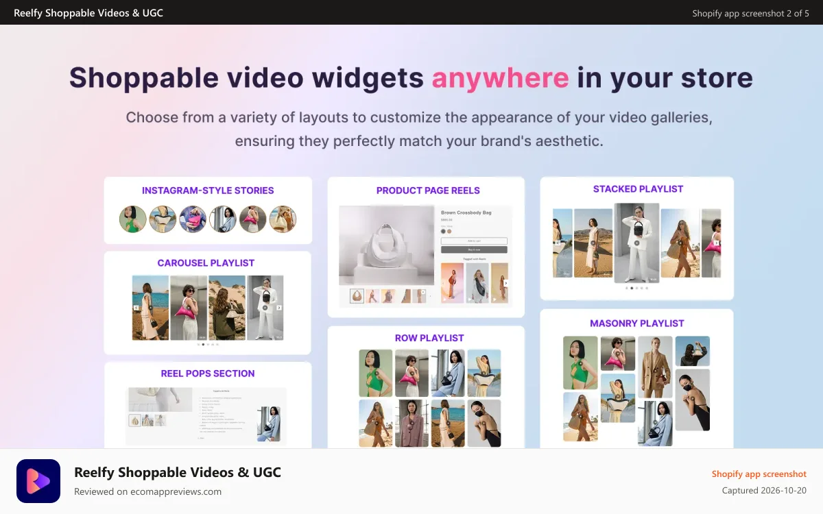 Reelfy Shoppable Videos & UGC Shopify app screenshot: Shoppable video widgets anywhere in your store
