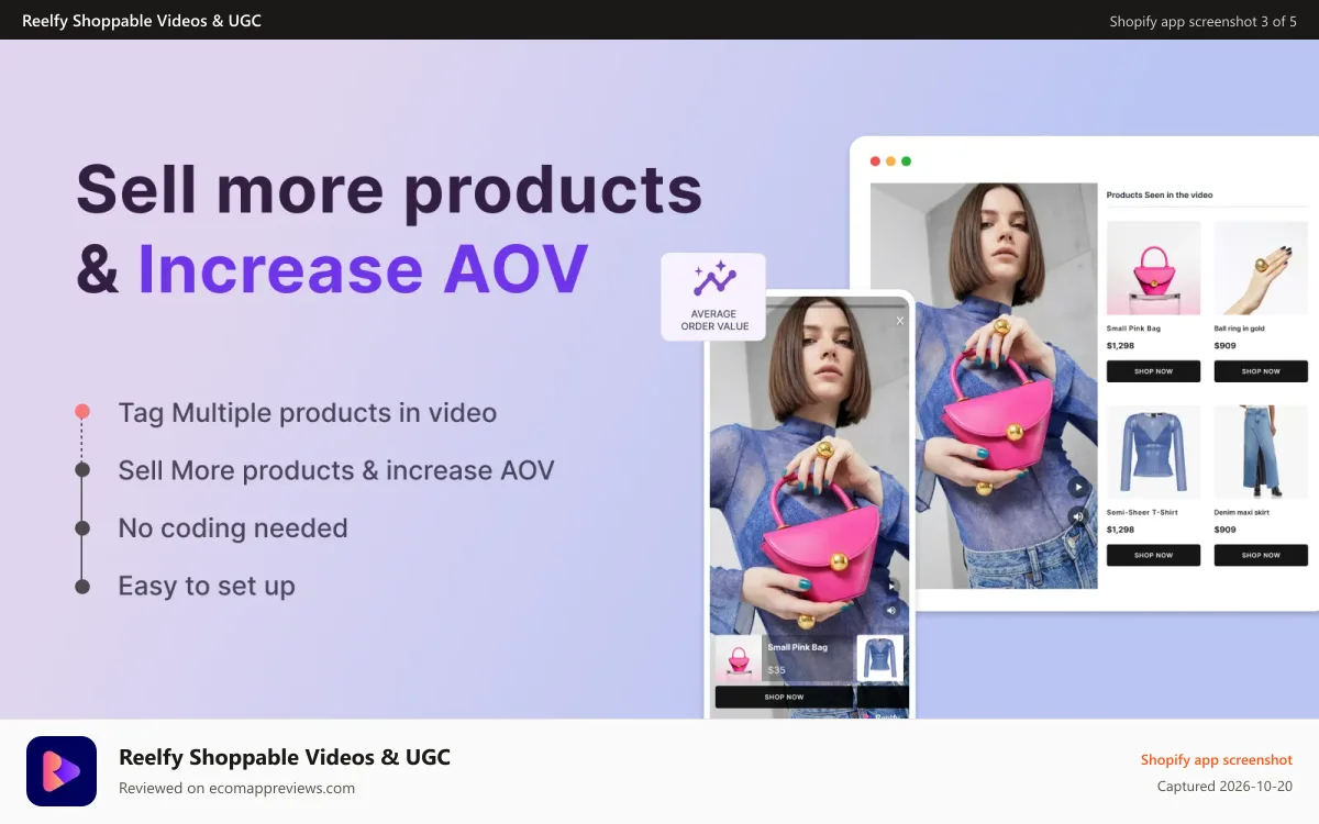 Reelfy Shoppable Videos & UGC Shopify app screenshot: Sell more products & Increase AOV