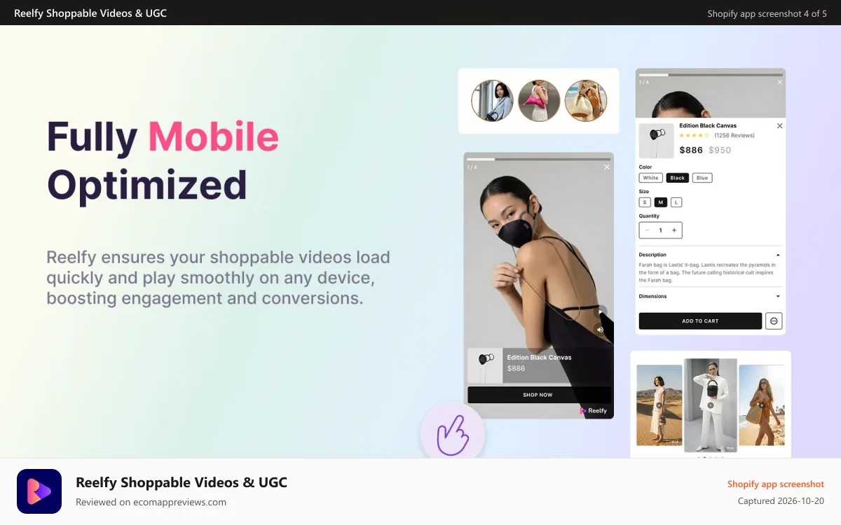 Reelfy Shoppable Videos & UGC Shopify app screenshot: Fully Mobile Optimized