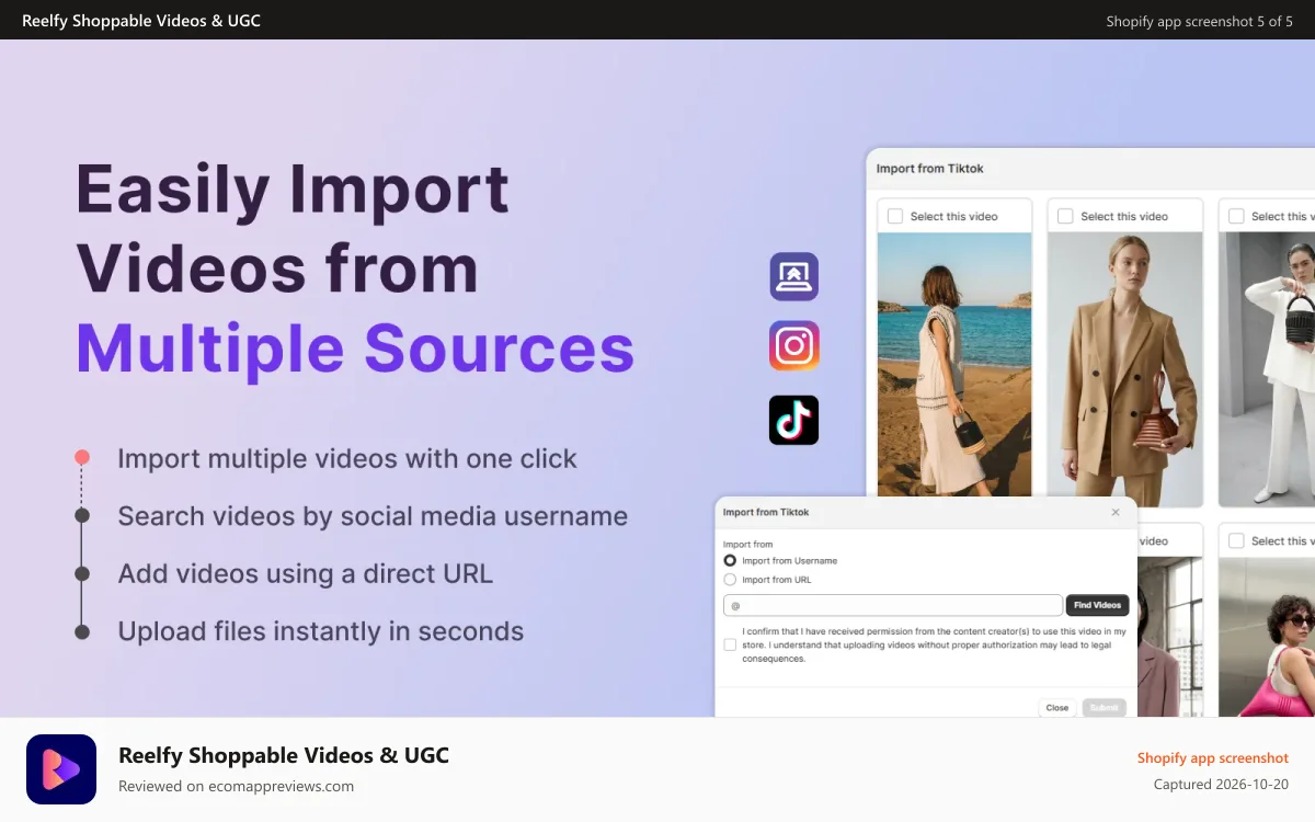 Reelfy Shoppable Videos & UGC Shopify app screenshot: Easily Import Videos Multiple sources