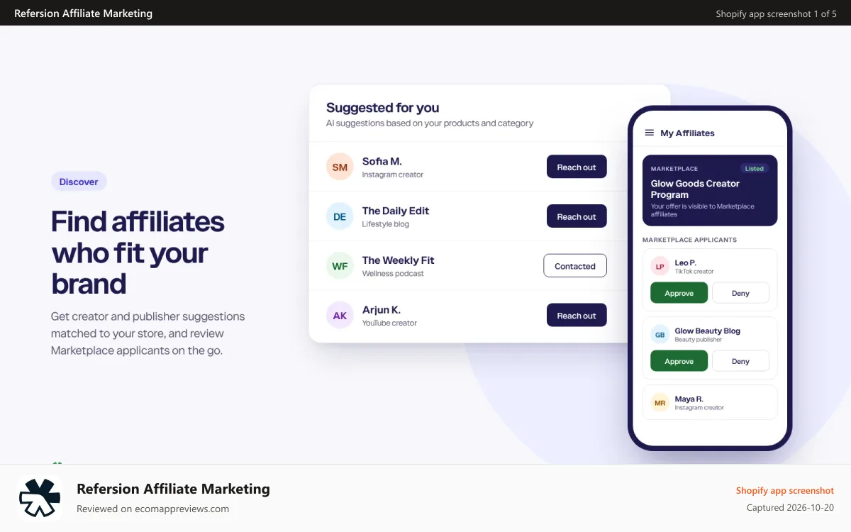 Refersion Affiliate Marketing Shopify app screenshot: Get personalized affiliate suggestions tailored to your brand.