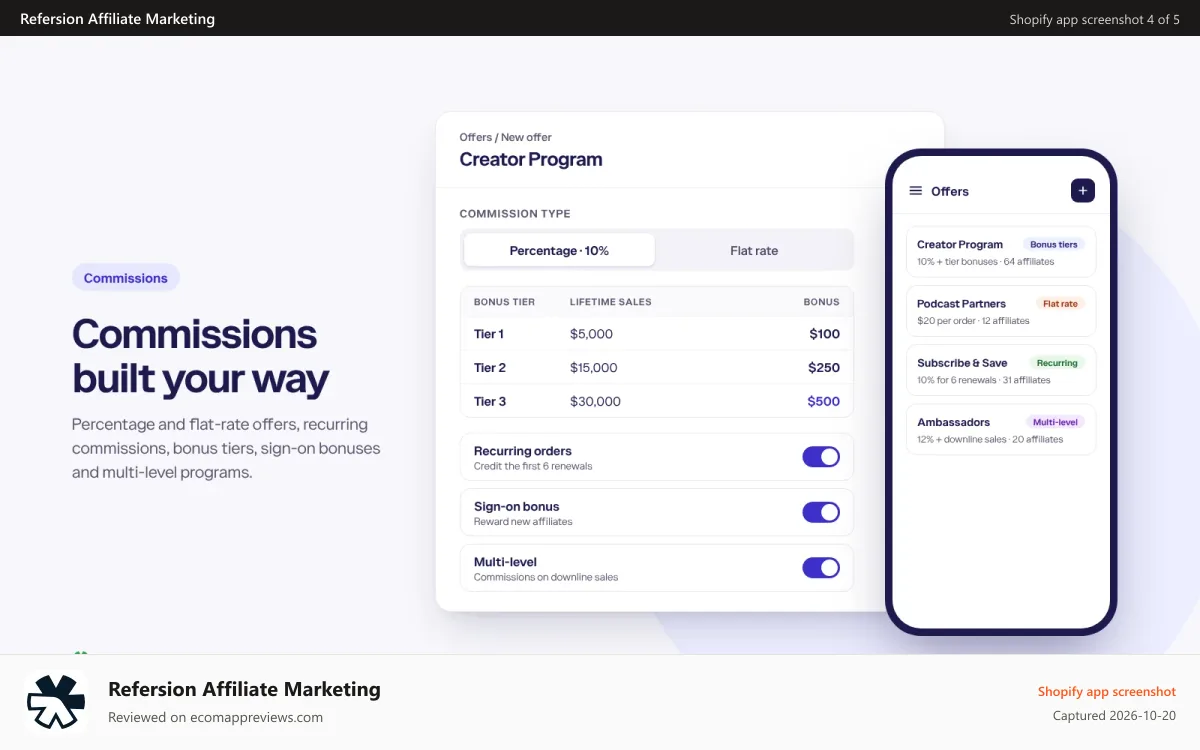 Refersion Affiliate Marketing Shopify app screenshot: Create customizable, flexible offers that align with your goals