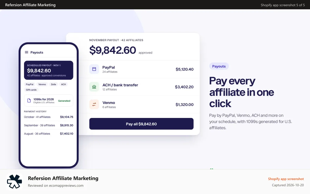 Refersion Affiliate Marketing Shopify app screenshot: Pay affiliates automatically or with 1 click. ACH, PayPal & more