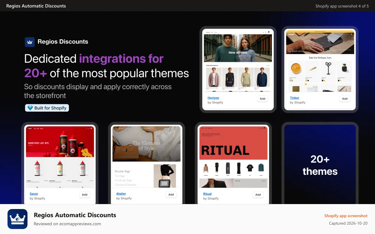 Regios Automatic Discounts Shopify app screenshot: Dedicated integrations for 20+ popular Shopify themes