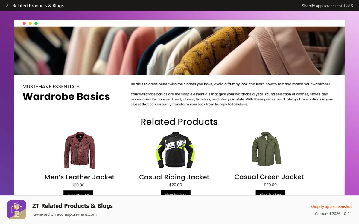 ZT Related Products & Blogs Shopify app screenshot: Blogs and Products, Blog, Product