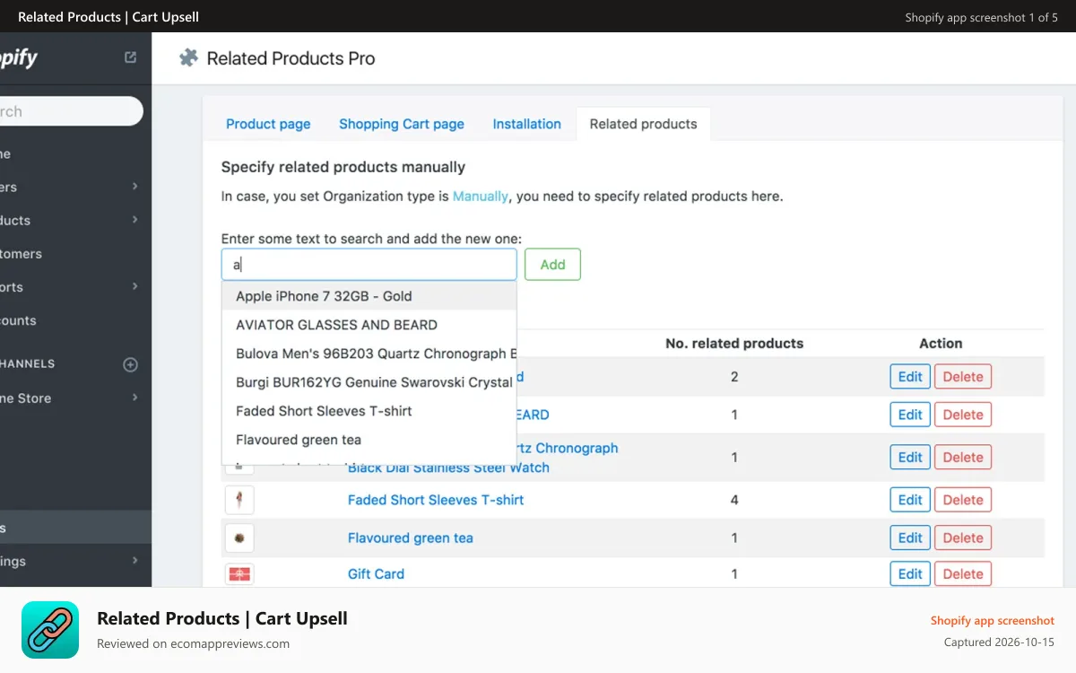 Related Products | Cart Upsell Shopify app screenshot: Management view: Add new related products