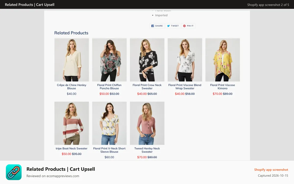 Related Products | Cart Upsell Shopify app screenshot: Front store view: Display under product details