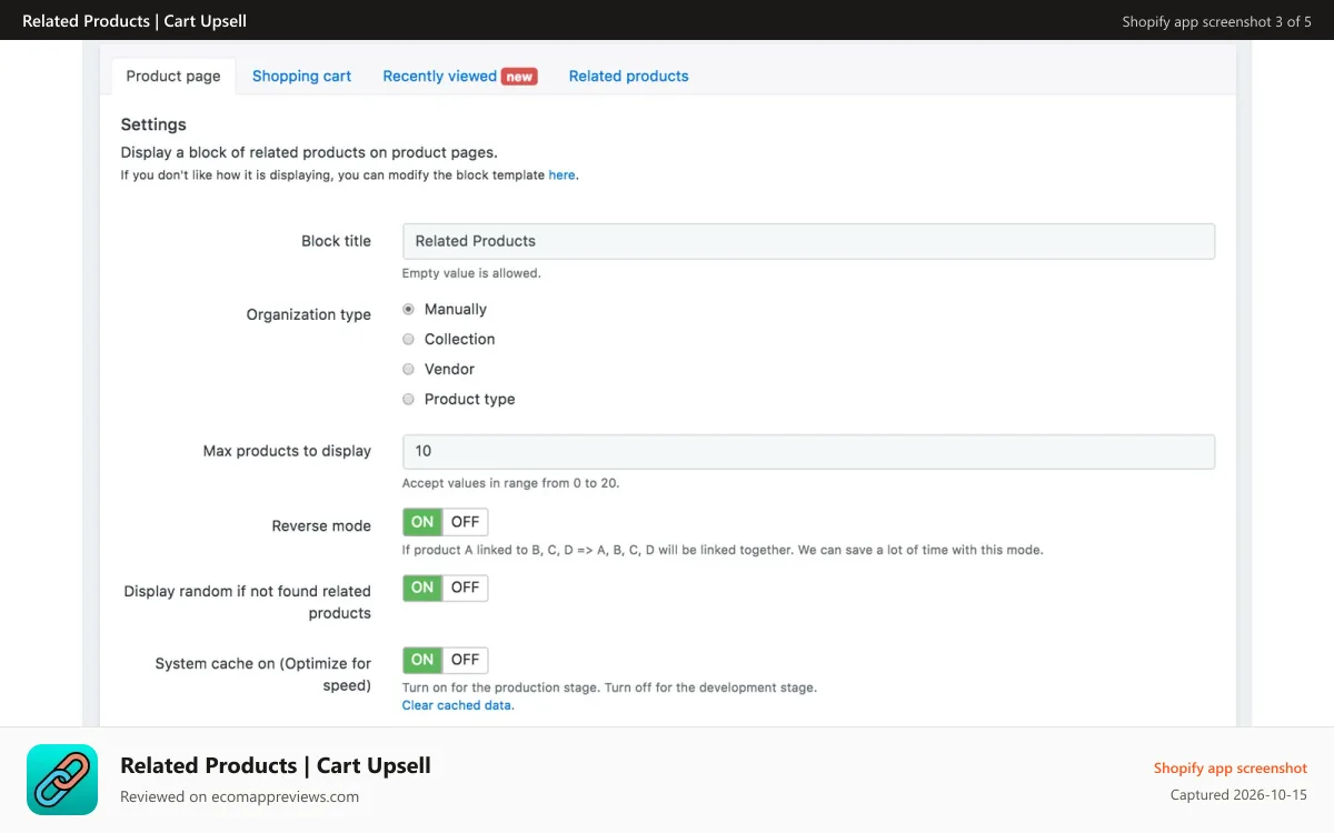 Related Products | Cart Upsell Shopify app screenshot: App settings