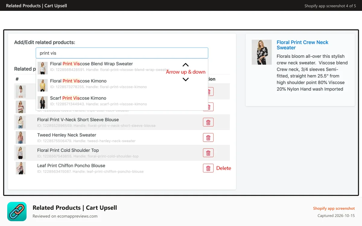 Related Products | Cart Upsell Shopify app screenshot: Admin: Add new Related Products