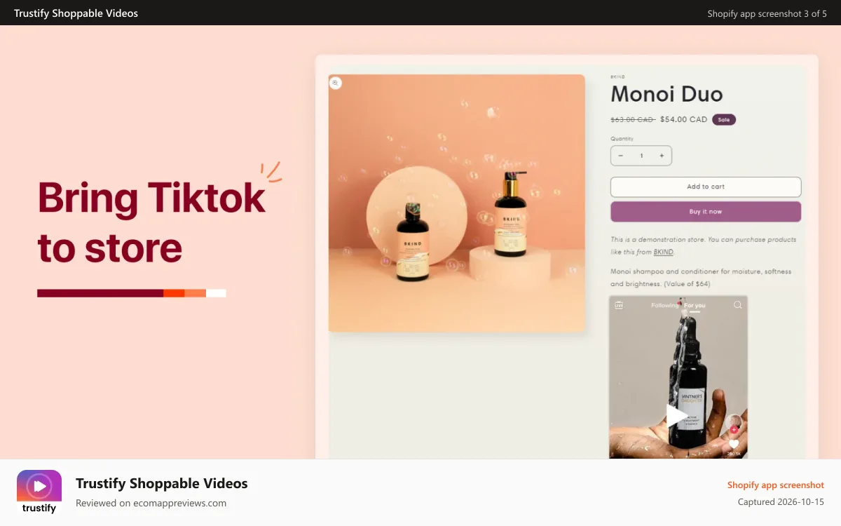 Trustify Shoppable Videos Shopify app screenshot: Bring Tiktok videos and play live on your store