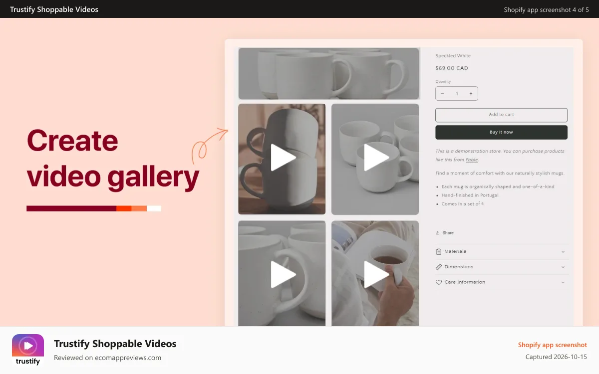 Trustify Shoppable Videos Shopify app screenshot: Create engaging video gallery on product page