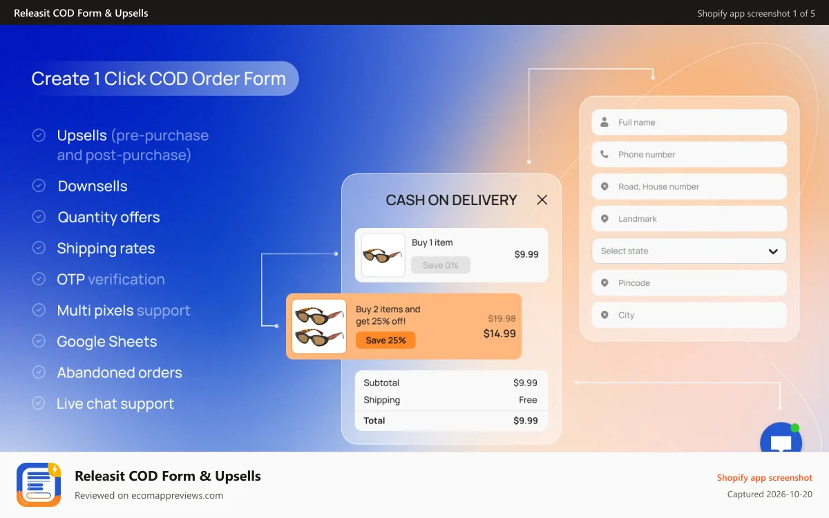 Releasit COD Form & Upsells Shopify app screenshot: Create a 1 click order form for COD orders - Releasit COD Form