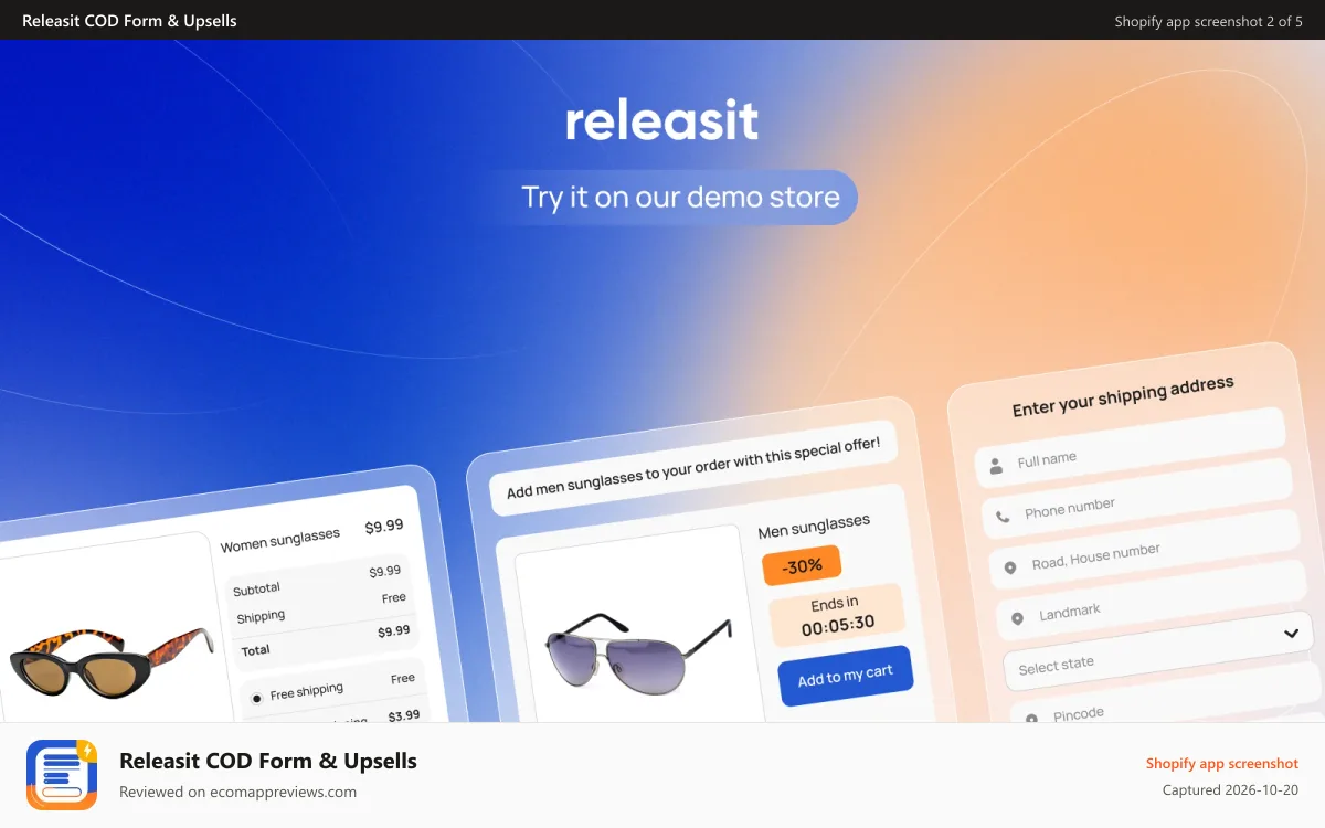Releasit COD Form & Upsells Shopify app screenshot: Form example on demo store - Releasit COD Form & Upsells
