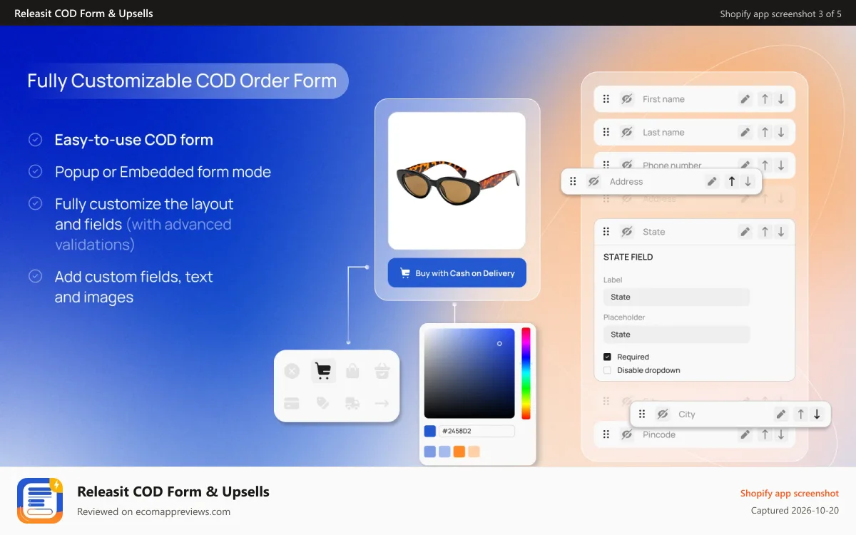 Releasit COD Form & Upsells Shopify app screenshot: Customize the design and layout of your form - Releasit COD Form