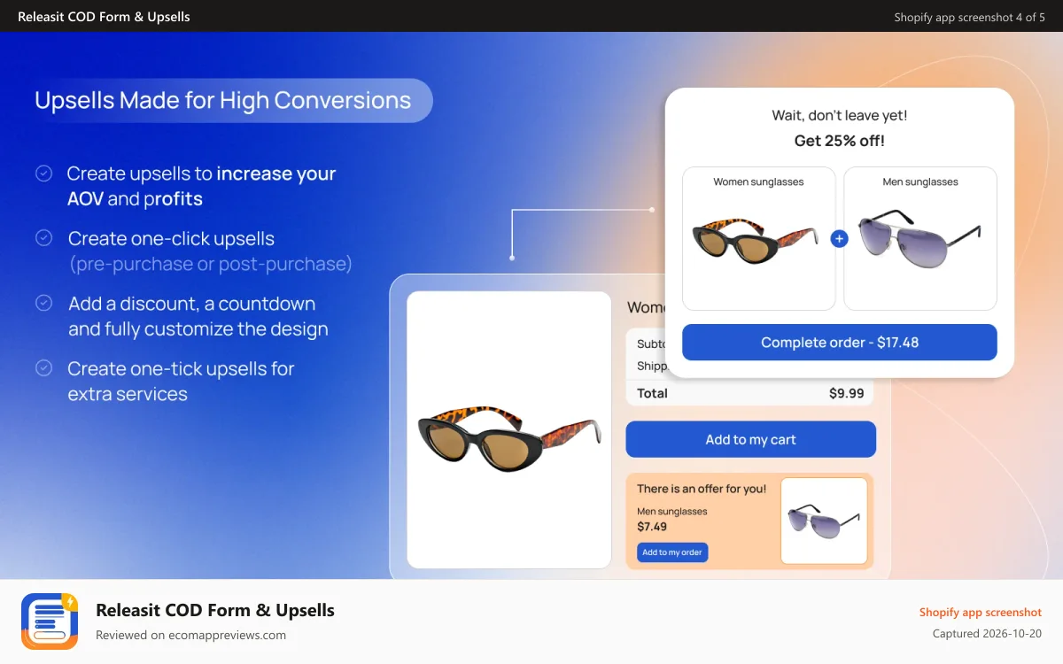Releasit COD Form & Upsells Shopify app screenshot: Upsells built for high conversions - Releasit COD Form & Upsells