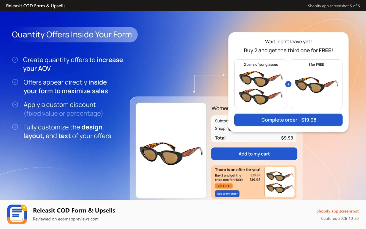 Releasit COD Form & Upsells Shopify app screenshot: Quantity offers inside the form - Releasit COD Form & Upsells
