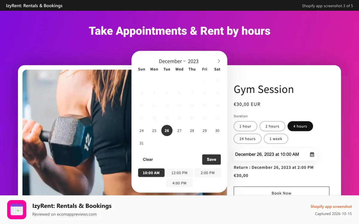 IzyRent: Rentals & Bookings Shopify app screenshot: Appointement Date & Time