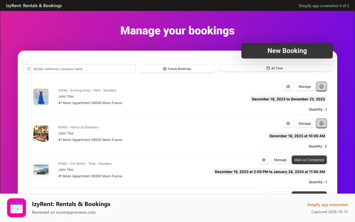 IzyRent: Rentals & Bookings Shopify app screenshot: Bookings Page