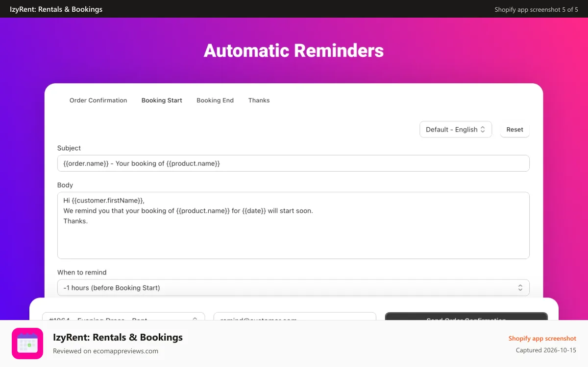 IzyRent: Rentals & Bookings Shopify app screenshot: Reminders