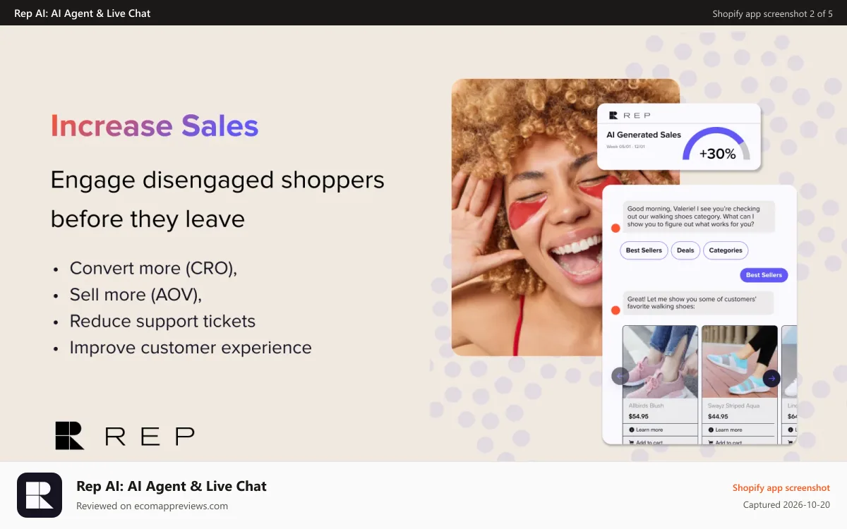 Rep AI: AI Agent & Live Chat Shopify app screenshot: REP brings an elevated shopping experience to your store