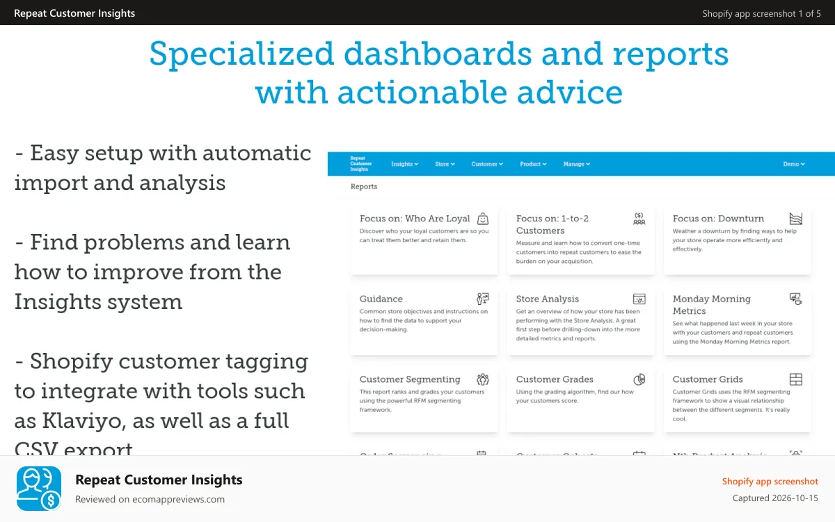 Repeat Customer Insights Shopify app screenshot: Repeat Customer Insights system, reports, and dashboards