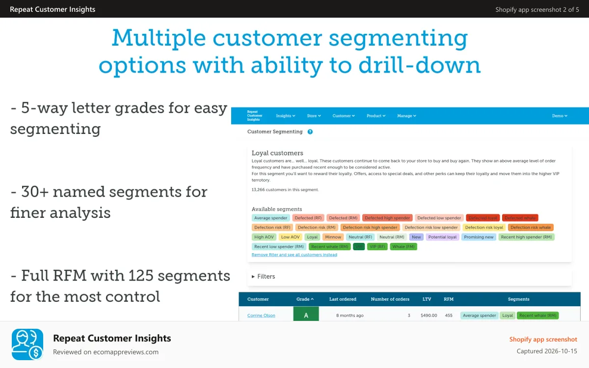 Repeat Customer Insights Shopify app screenshot: Repeat Customer Insights RFM customer segmenting report