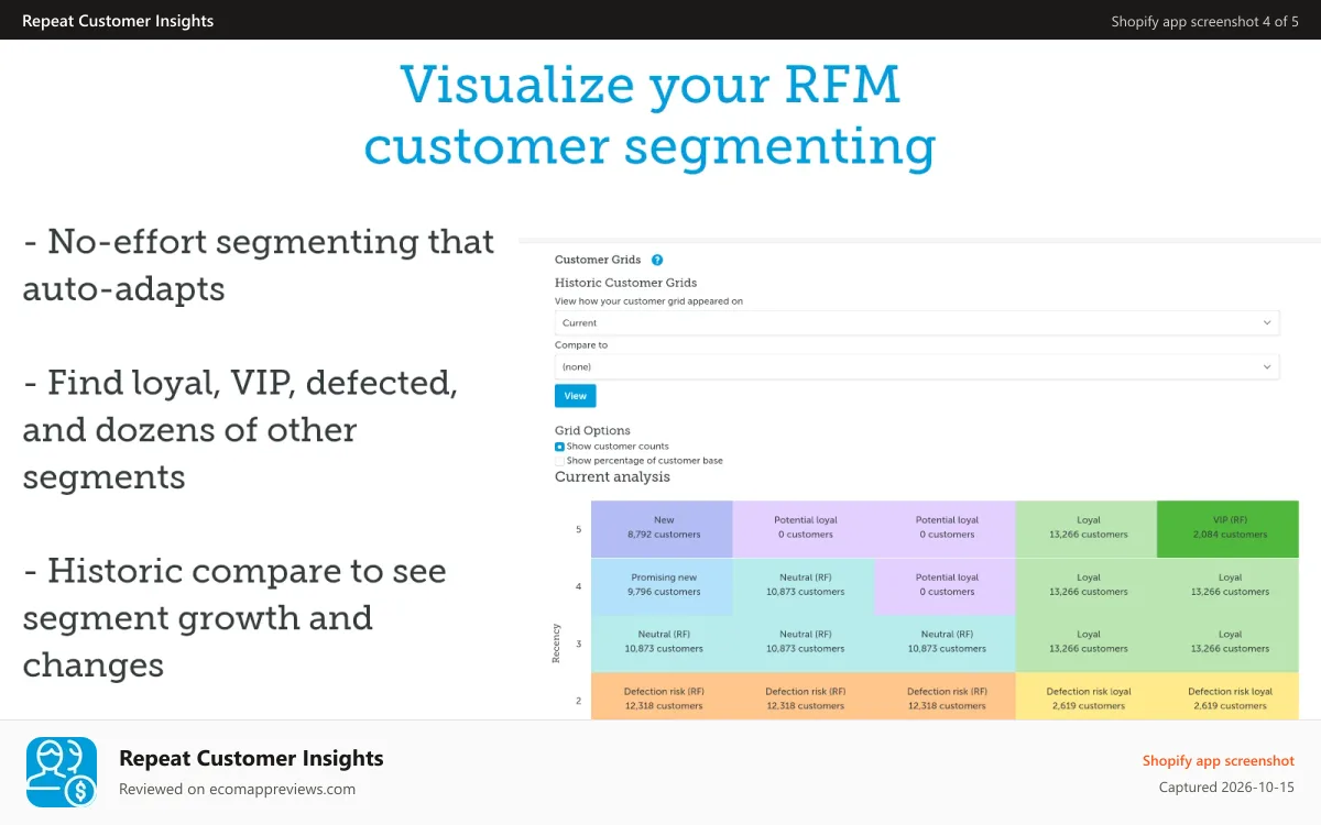 Repeat Customer Insights Shopify app screenshot: Repeat Customer Insights automatic customer segmenting with Grid