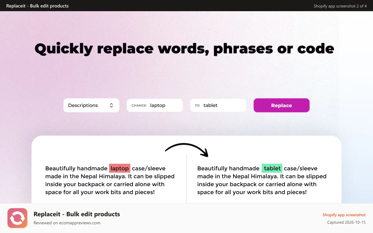 Replaceit ‑ Bulk edit products Shopify app screenshot: Dash 1