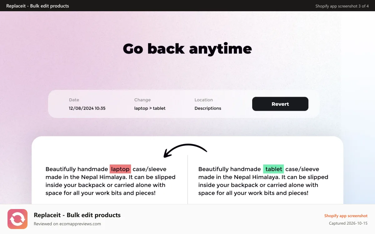 Replaceit ‑ Bulk edit products Shopify app screenshot: Dash 2