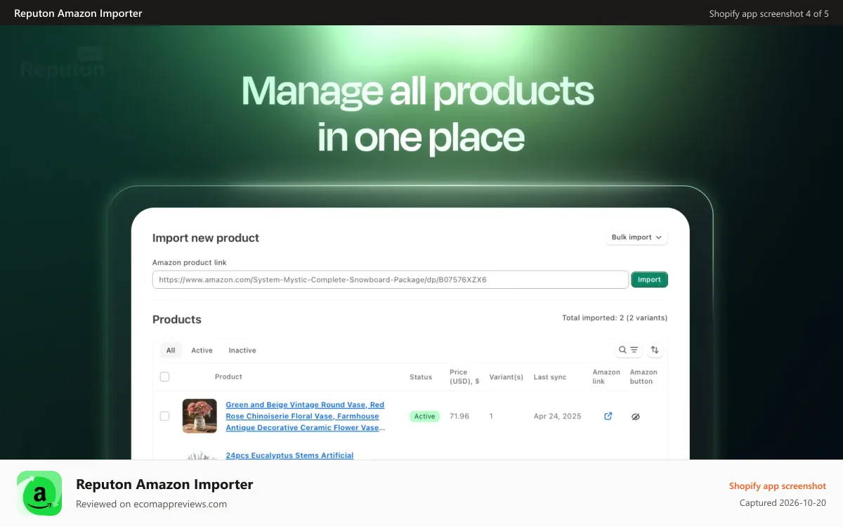 Reputon Amazon Importer Shopify app screenshot: Amazon Product Importer Pricing